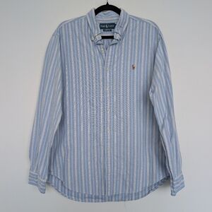Vintage Ralph Lauren Classic Fit Colorful Pony Striped Blue Button Up Shirt Sz L